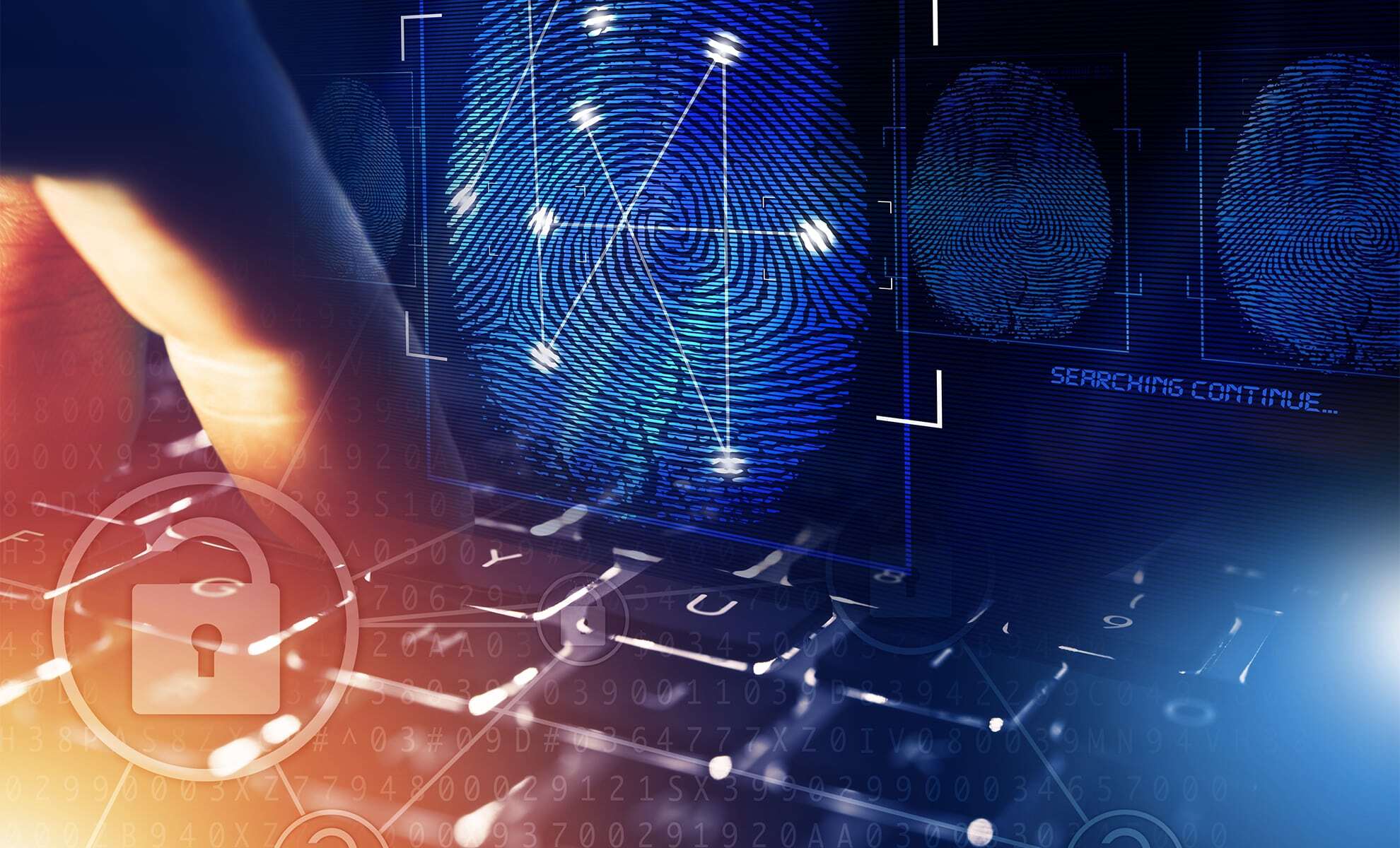 Online Security Check and Privacy Concept. Fingerprint and Computer Police Database Scan. Person Screening.